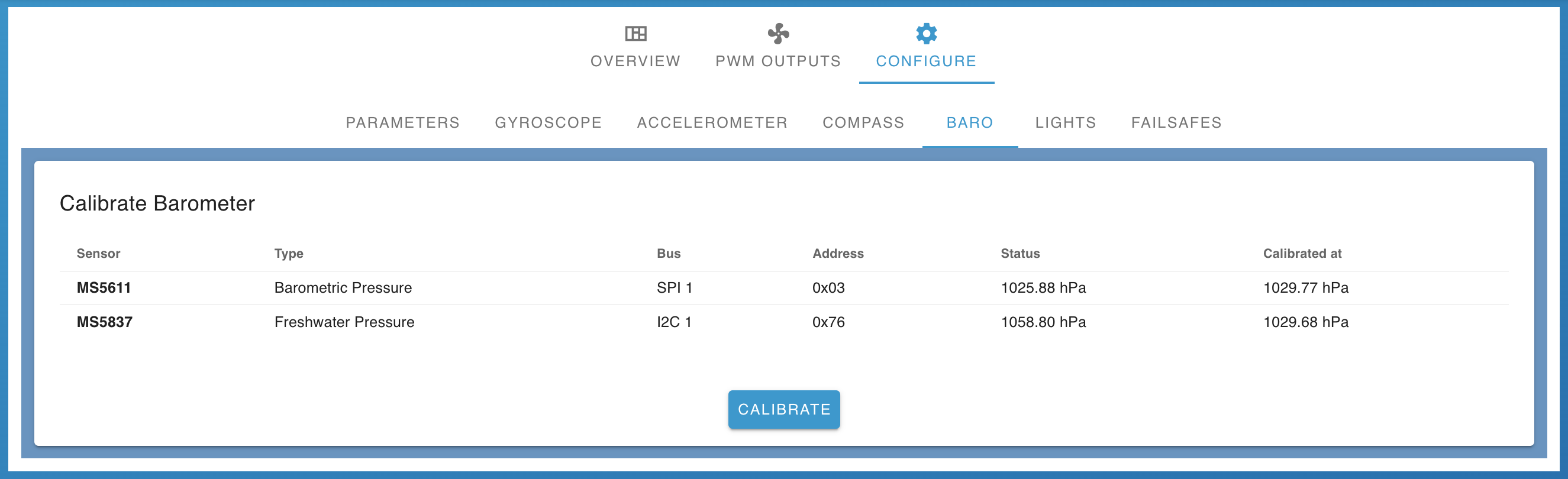 Vehicle Setup Configure Baro